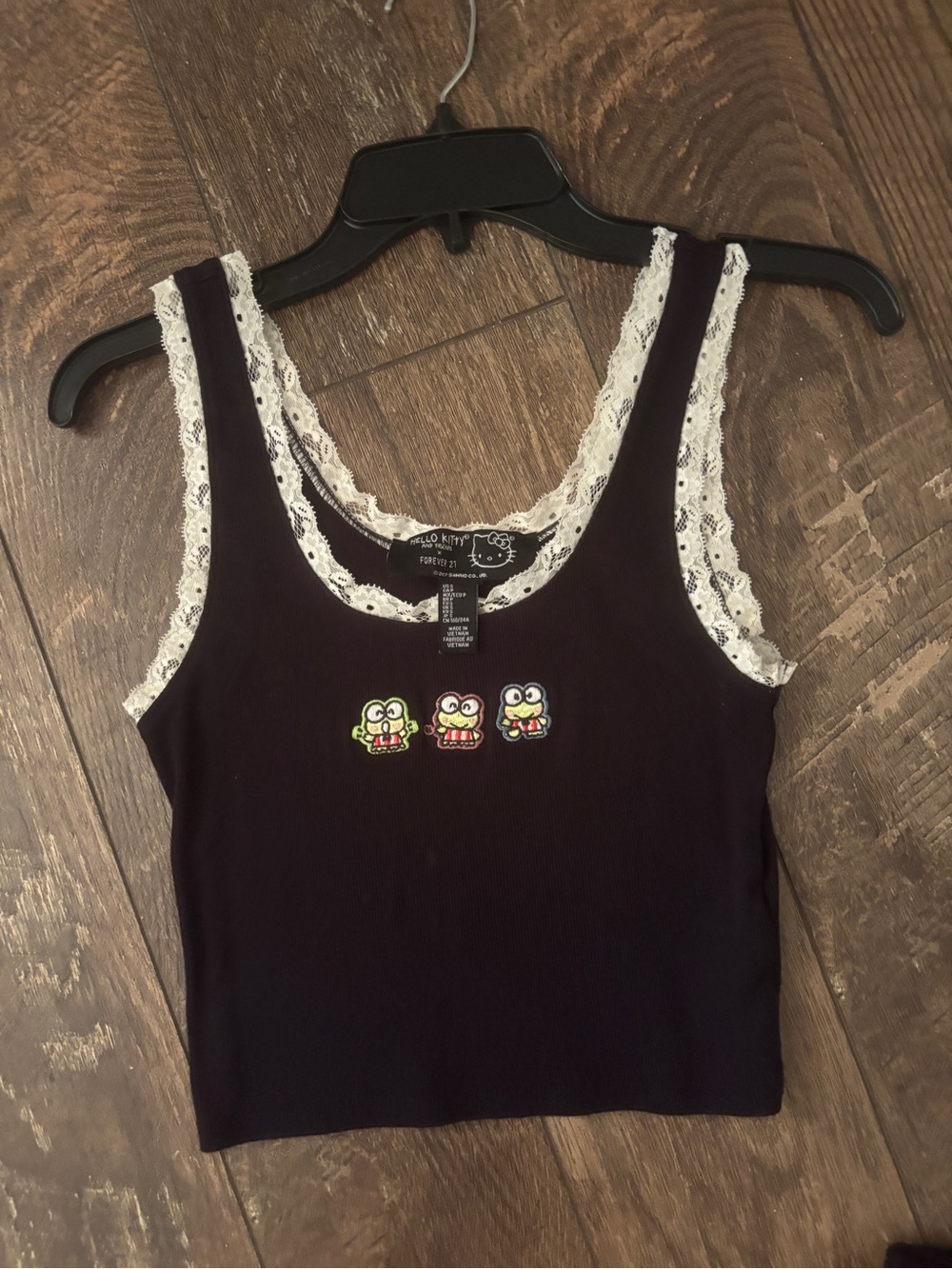Forever 21 Black Tank Top with White Lace Trim and Keroppi Embroideries